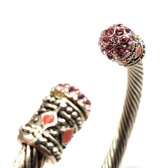 Silver Tone Twist Cuff Bracelet With Pink Rhinestone & Bead Cap - Picture 2 of 5